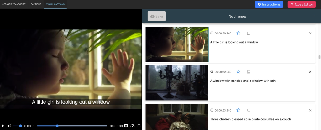 Image of a little girl looking out of the window on the left, and to the right, there is a screenshot of visual captioning tool showing several image thumbnails and their caption texts.
