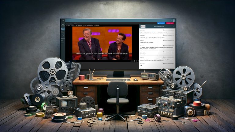 image shows a room filled with old video equipment. in the center, there's a screen showing a software that transcribes video content.