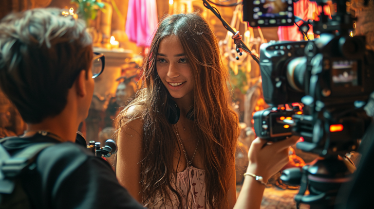 a woman in front of a film camera and a crew
