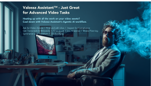 An overconfident hipster with a beard and steaming head looks into camera while sitting in his office. Valossa Assistant text shows on screen.