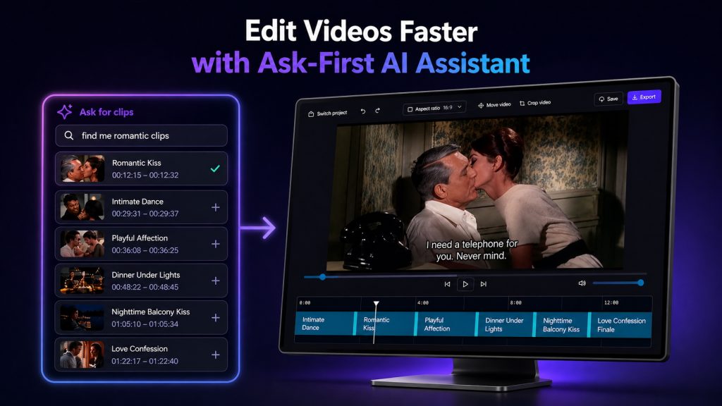 image of an ask first ai video editor with romantic clips